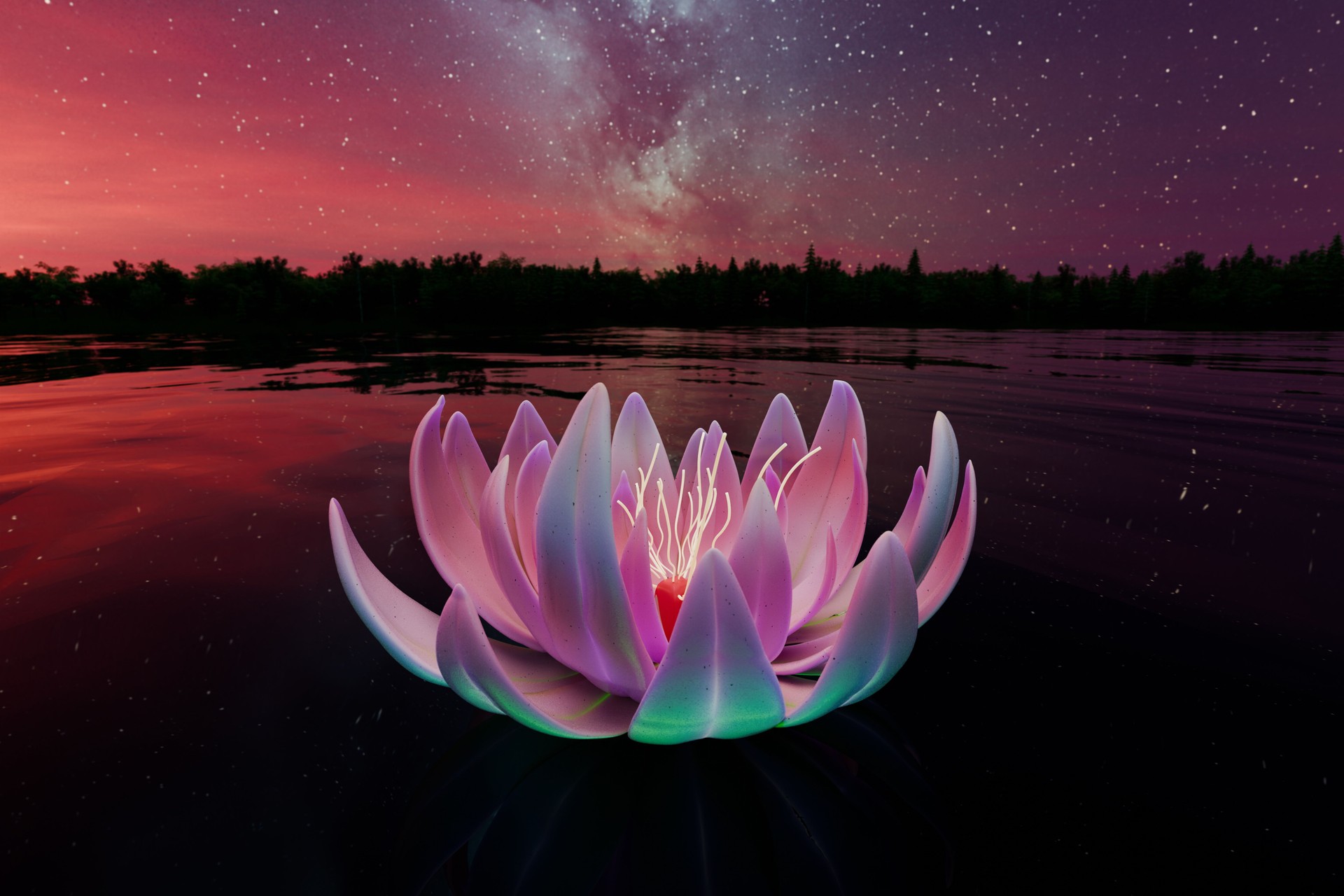Lotus flower opens gracefully on calm water, surrounded by a colorful twilight sky filled with stars. Tranquility of the setting enhances the flowers beauty, creating a peaceful ambiance. 3d render