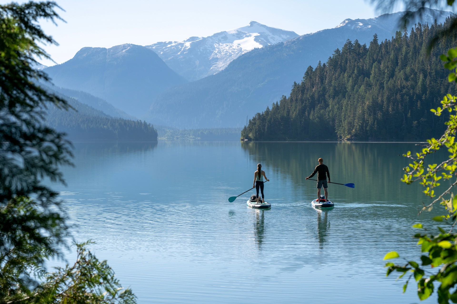 Couple paddle SUP boards across mountain lake, Whistler